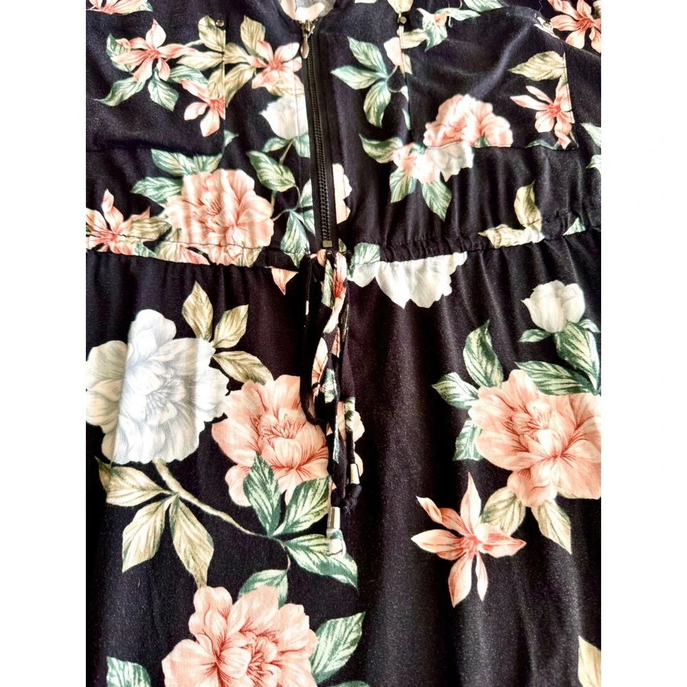 Torrid Floral Mini Dress‎ Womens 1 Black Pink Sleeveless Zip Pocket Cottagecore